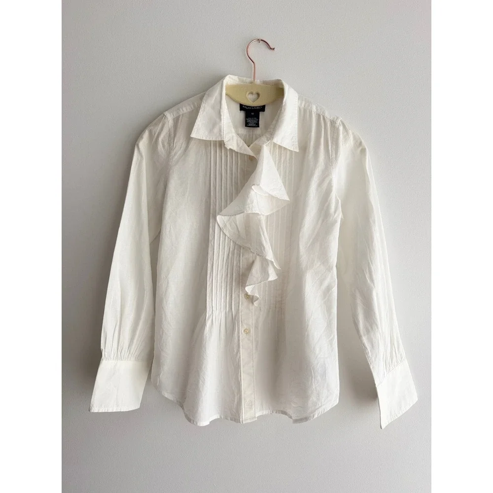 Ralph Lauren White Ruffle Pintuck Cotton Button Down Shirt Regency Youth Sz 10